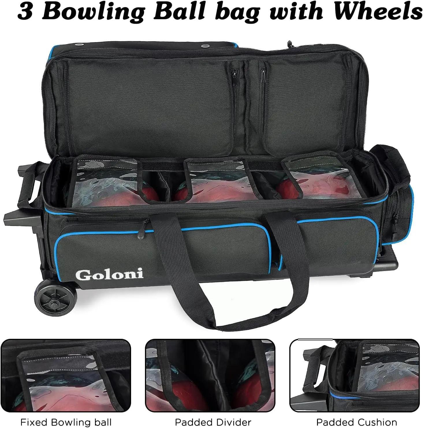 3 Ball Bags with Wheels,Rolling Ball Bag for 3 Balls & Bowling Accessories -Retractable Handle Ex