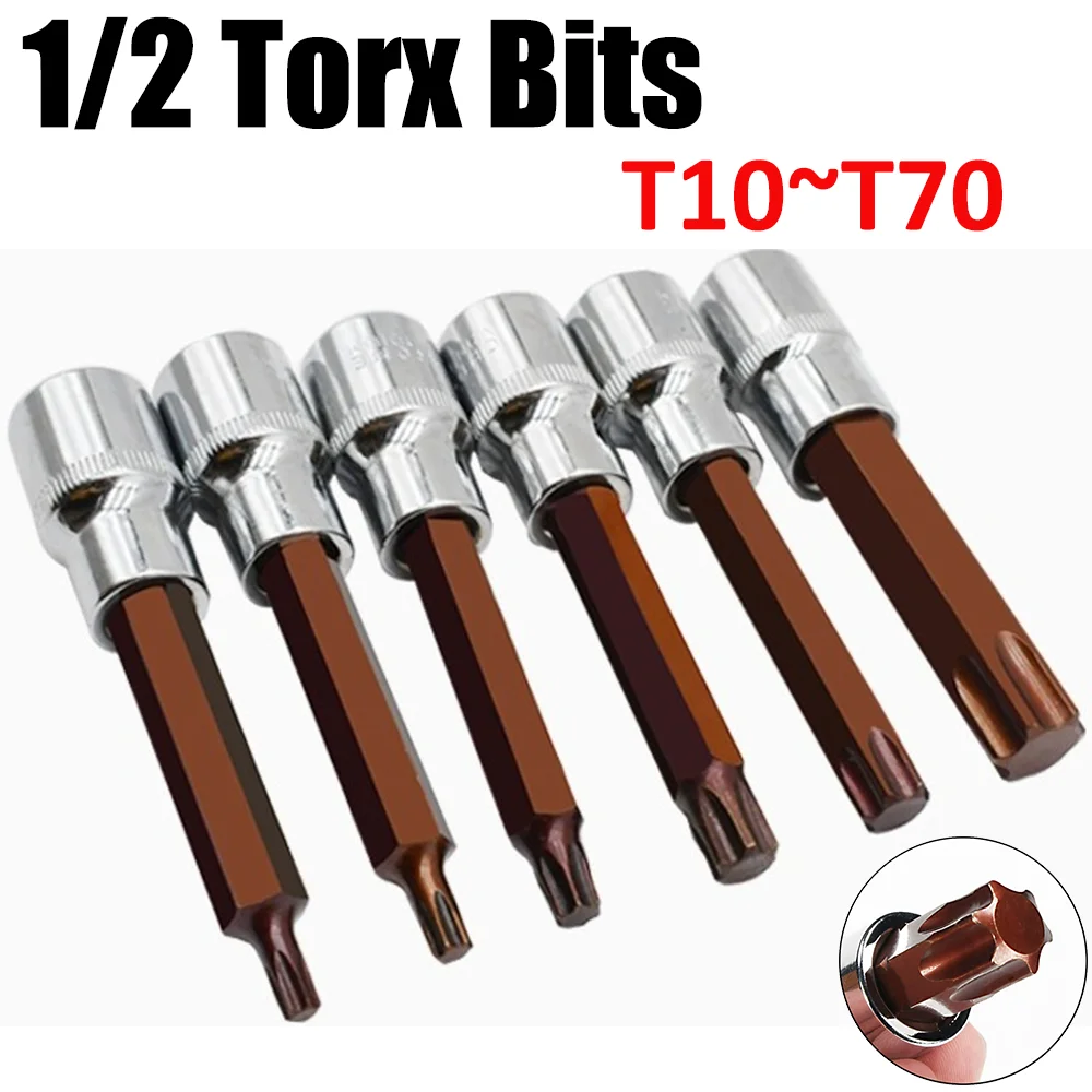 Ponta de Chave de Fenda Torx Longa 1/2, 100mm, Soquete de 1/2 polegada, T10 T15 T20 T25 T30 T35 T40 T50 T55 T60 T70, Adaptador de Chave, Ferramentas Manuais