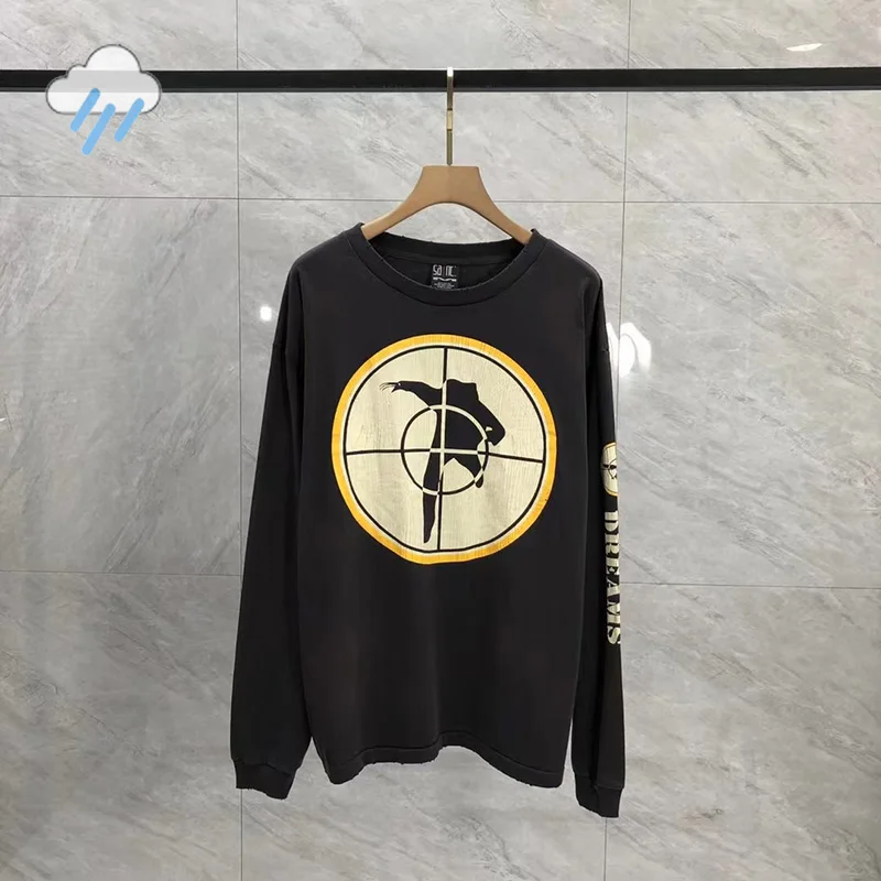 High Street 100% Cotton Crack Logo Print Saint Long Sleeved T-Shirt Best Quality Casual T Shirt Vintage Washed Black Tops Tee