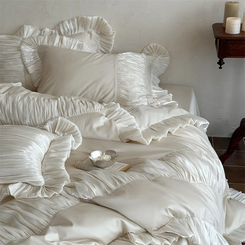 

French Romance Pleated Ruffles Princess Wedding Bedding Set 600TC Egyptian Cotton Duvet Cover Flat/Fitted Sheet Pillowcases 4Pcs