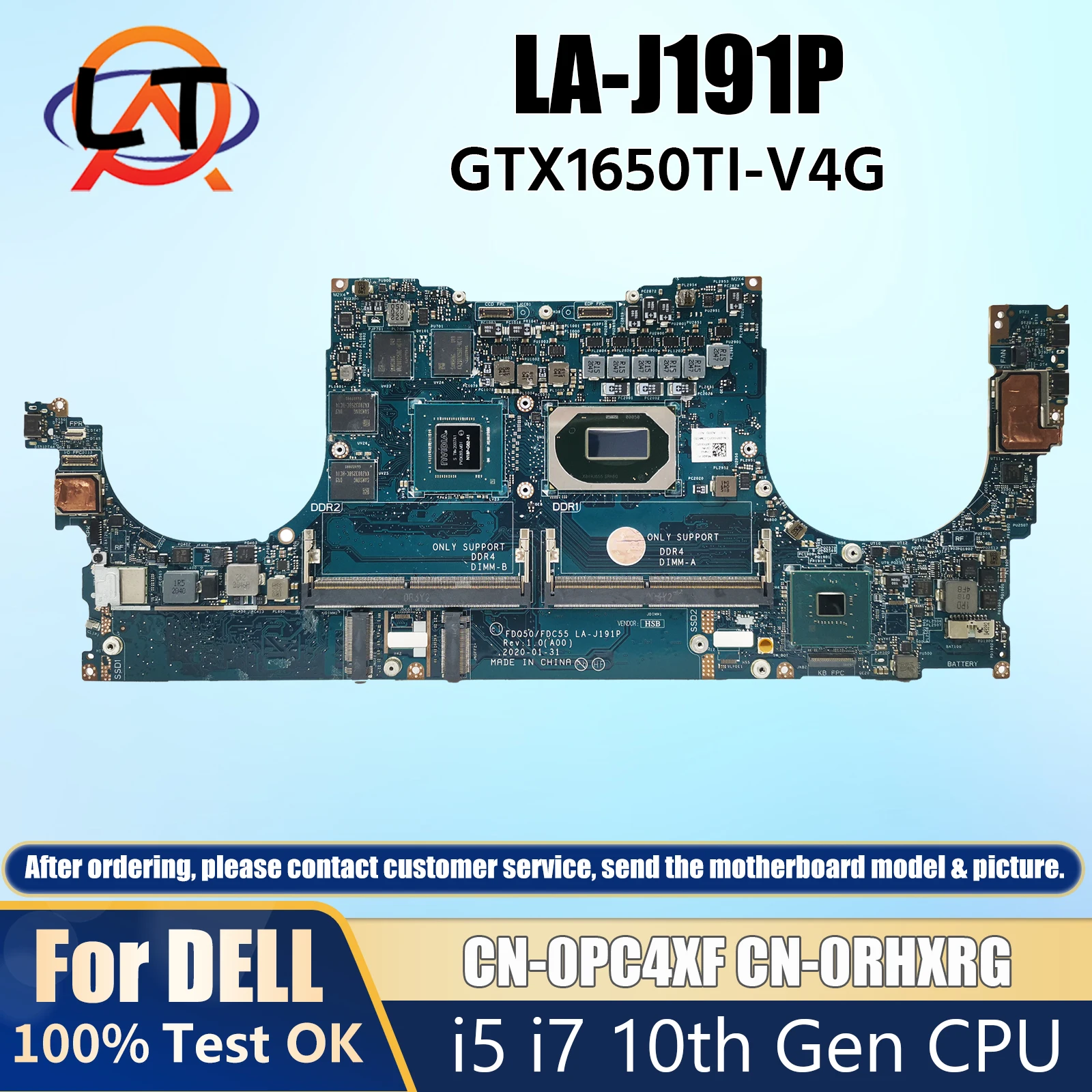 Laptop Motherboard LA-J191P For DELL 9500 CN-0PC4XF CN-0RHXRG CN-0FX5RH CN-0T1KFX CN-0477DC With I5 I7 CPU GTX1650TI T2000