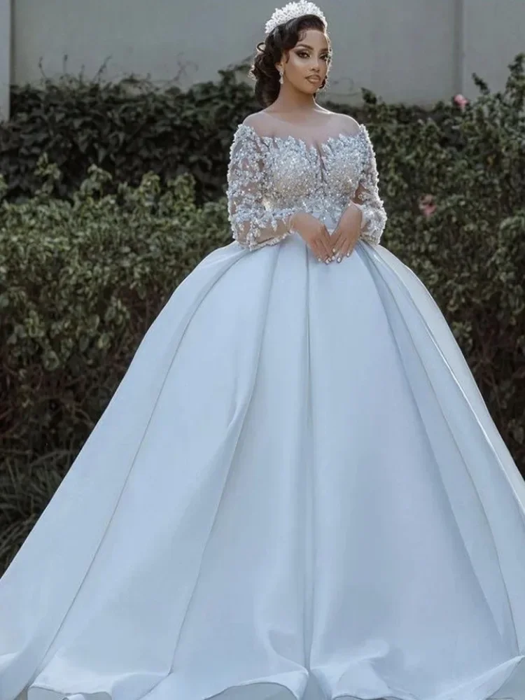 Белое свадебное платье с пайетками и длинными рукавами по индивидуальному заказу, бальное платье 2025, длиной до пола, со шлейфом и шнуровкой, индивидуальное свадебное платье