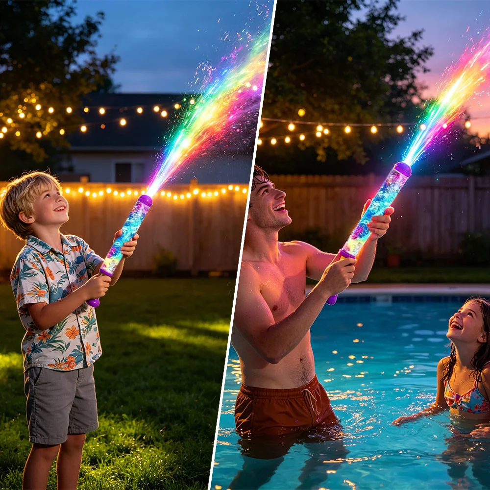 Creative Glowing Rainbow LED Water Blaster Push-Pull Splashing Water Sprayer Large Capacity Sprinkler Atmosphere Props Summer
