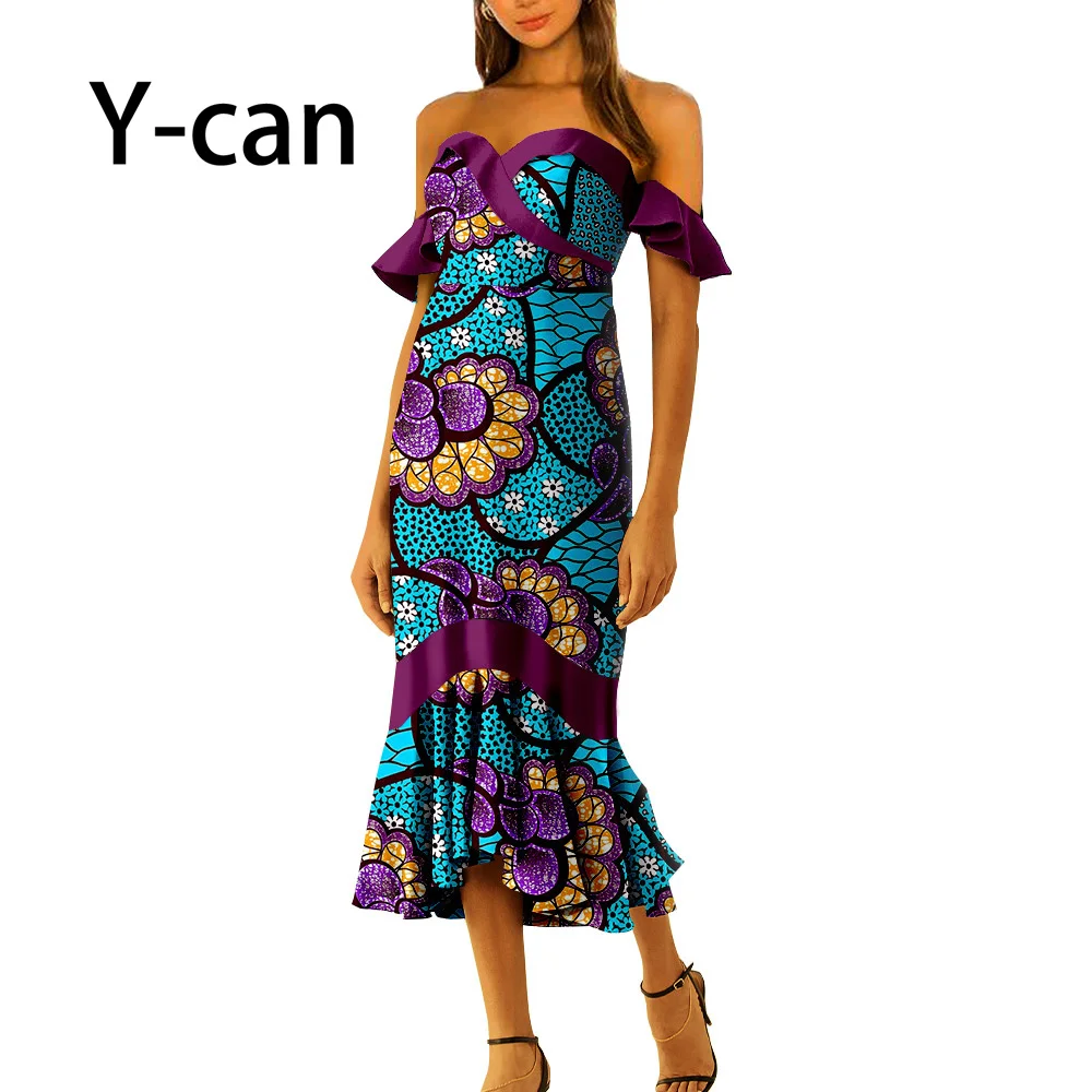 

African Dresses for Women Summer Ladies Off Shoulder Sexy Patchwork Ankara Print Dasiki Bazin Riche Party Evening Event A2225008