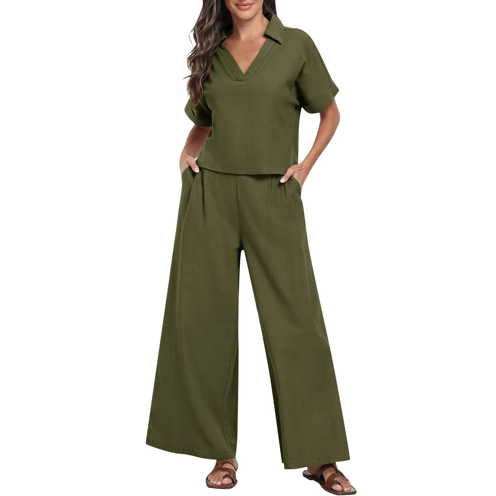 Ladies’ Solid Color Retro Basics Casual Commuting Short Sleeve V-Neck Top And Straight Long Pants Matching Set With Pockets