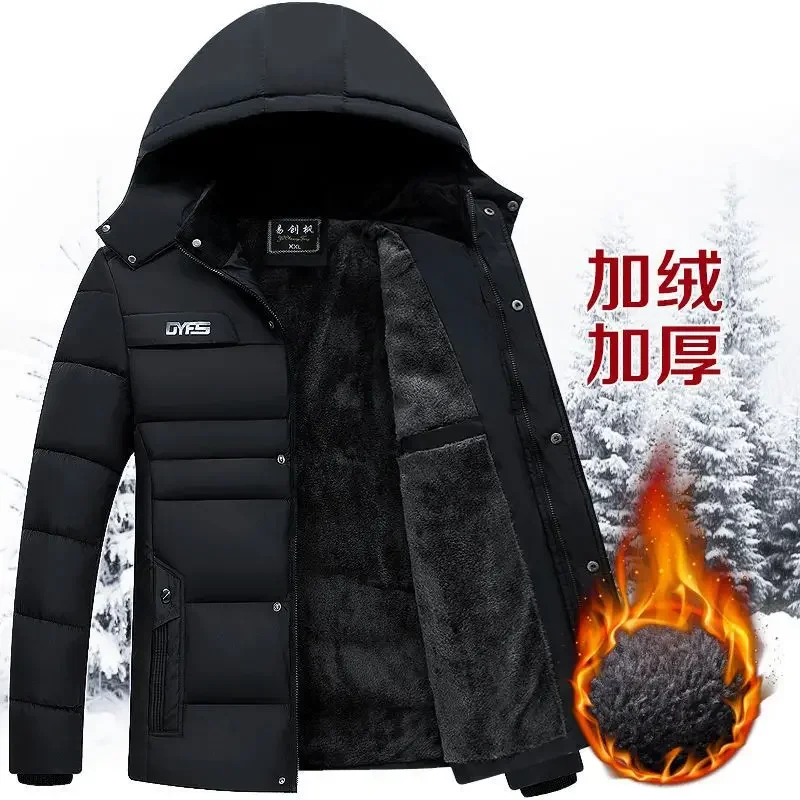 

Men Hooded Coat Winter Trendy Cotton Padded Plush Lining Solid Color Windbreaker Men Thermal Coat Cold Proof Hood Jacket Outwear