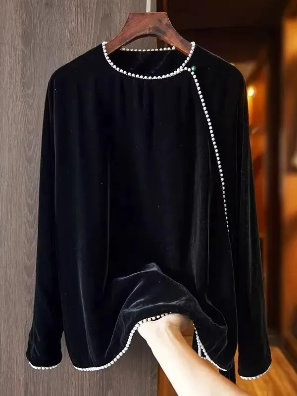 

Ele Bla Velvet irt with Button Design Women's Faionable Autumn Winter High-End Sle American Sle Loose Fit irt