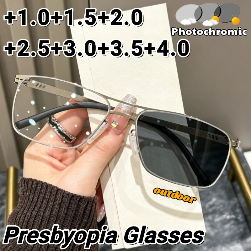 

Ultra-lightweight Metal Photochromic Anti-blue Light Presbyopic Glasses Luxury Business Sun Protection Eyeglasses 0 To +4.0