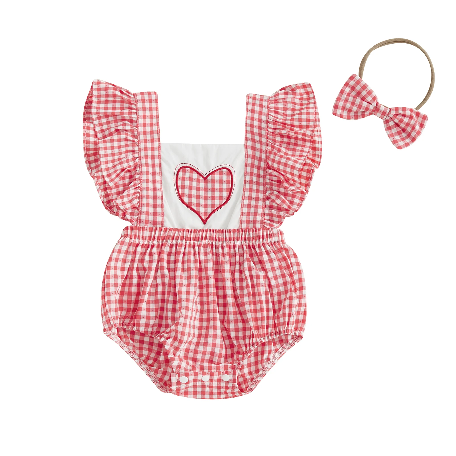 

Наряд для новорожденных девочек, клетчатый комбинезон с рукавами-крылышками и вышивкой в виде сердца и лентой для волос, одежда на День святого Валентина