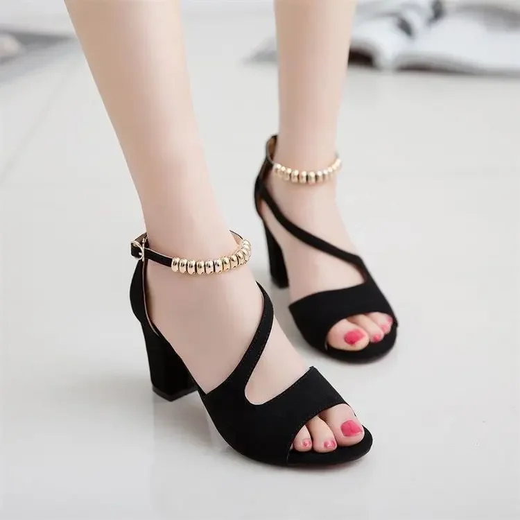 

One-piece buckle Roman thick-heeled sandals for women, casual high-heeled shoes, beaded fish-mouth women's sandals, large size