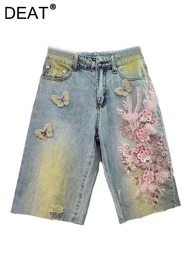 

DEAT Women Denim Shorts High Waist 3D Butterfly Sequins Flowers Straight Knee Length Short Pants 2024 Summer New Fashion 29L7535