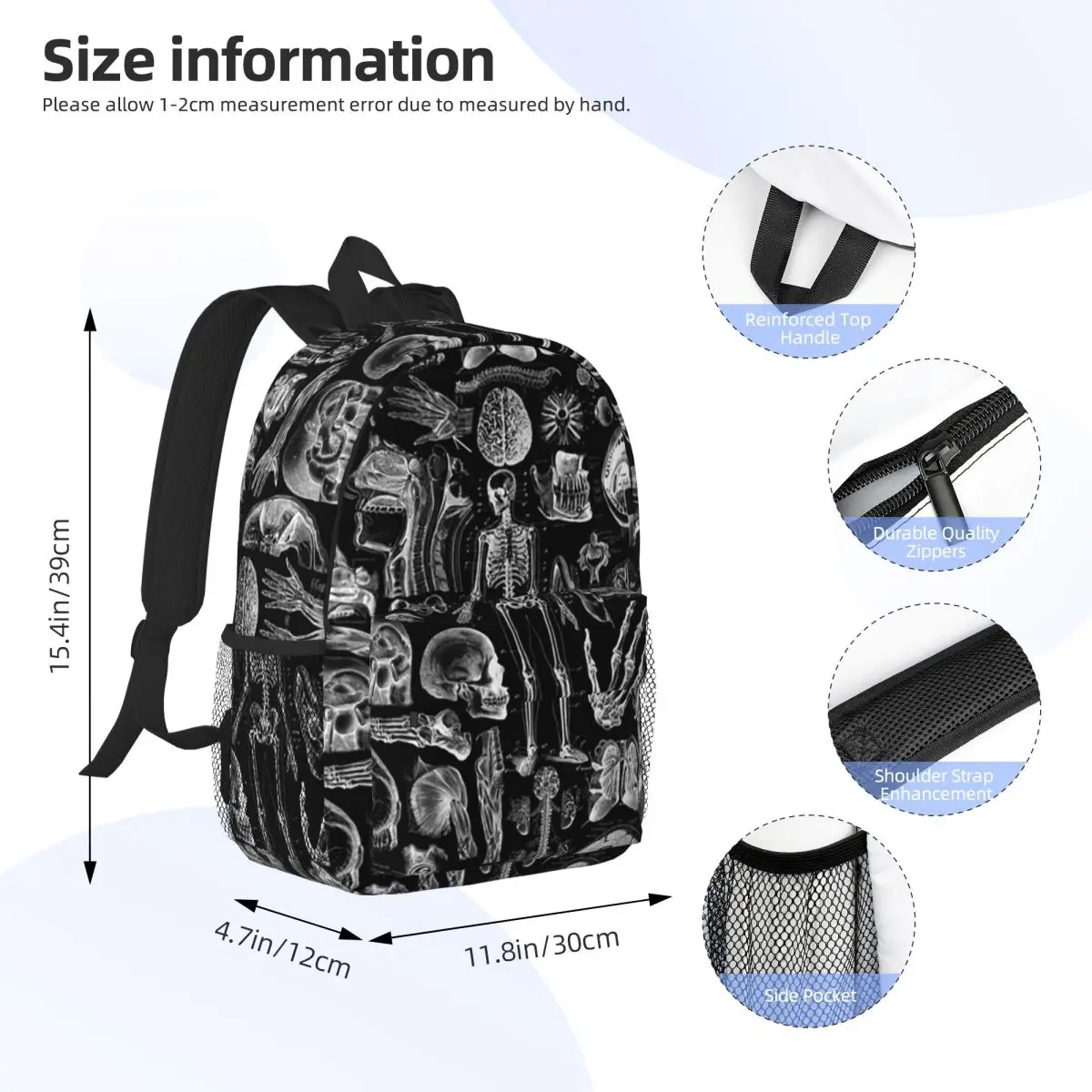 Human Anatomy Black Print Backpacks Teenager Bookbag Cartoon Children School Bags Travel Rucksack Shoulder Bag Large Capacity