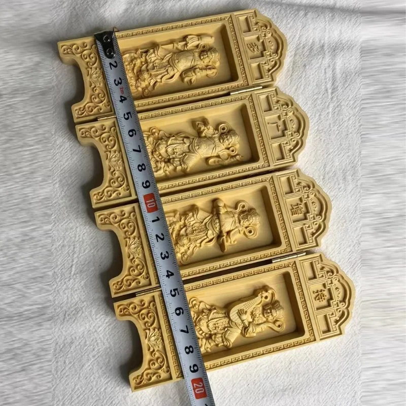 4-Panel Hand-Carved Boxwood Folding Screen Exquisite Four Heavenly Kings Relief Sculpture Buddhist Dieties Shrine Home Decor