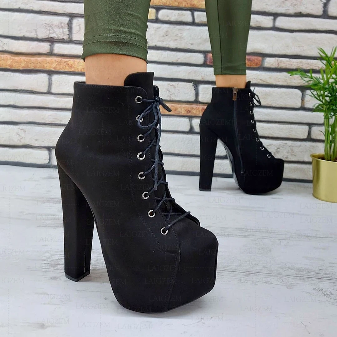 SEIIHEM Women Ankle Boots Side Zip Up Platform Thick Block High Heels Short Boots Faux Suede Shoes Woman Plus Size 40 45 47 52