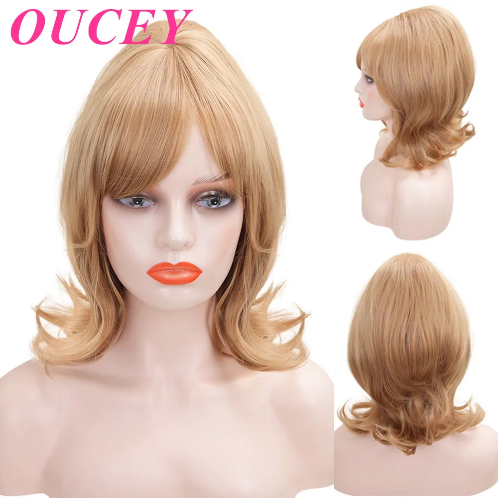 

OUCEY Synthetic Hair Wigs For Women Party Cosplay Wig FemaleHigh Temperature Fiber Woman Wigs Lady Vintage Short Wavy Wig