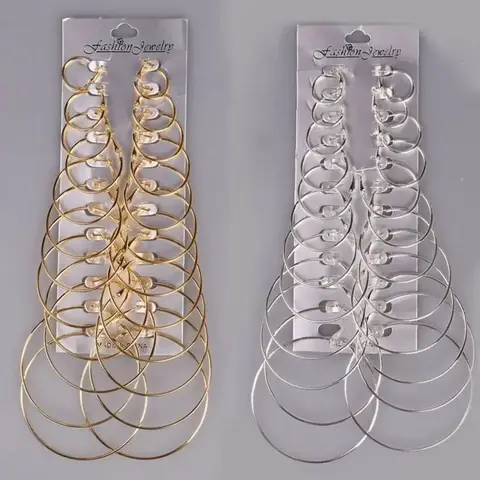 Oversize Gold Color Big Circle Hoop Earrings Set for Women Vintage Steampunk Ear Clip Wedding Party Jewelry Gift