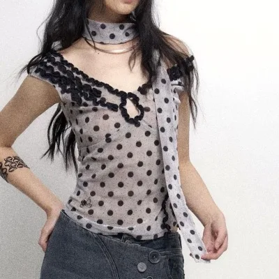 خمر البولكا نقطة الرسن الأعلى المرأة Y2k الجمالية سليم صالح أكمام بروتيل سترة الصيف الخامس الرقبة الحلو قصيرة القمم