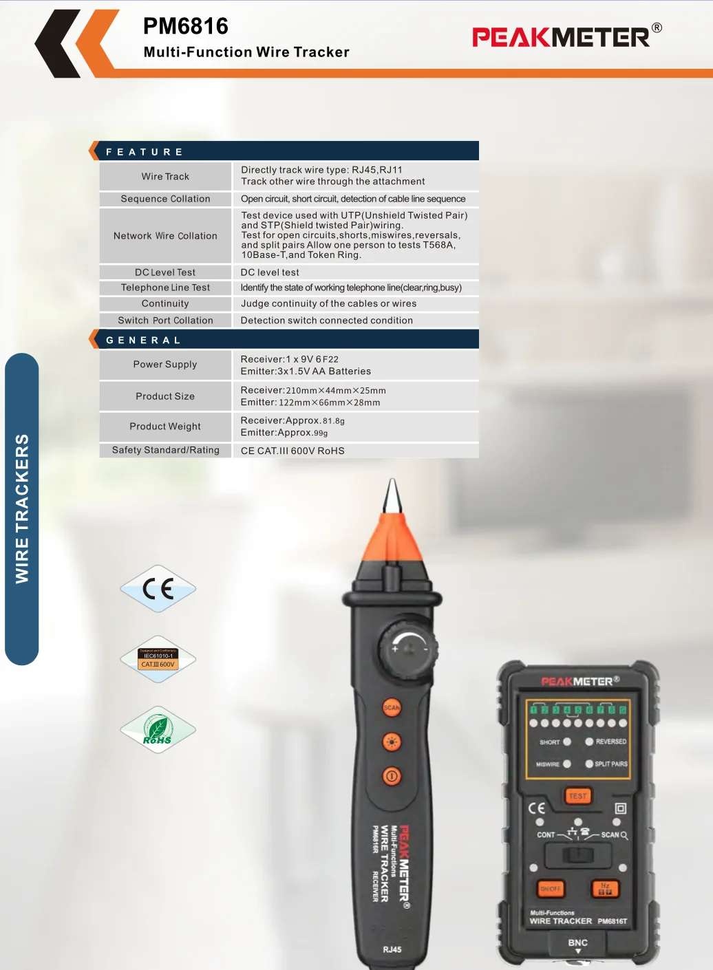 Peakmeter PM6816 Multi.Function Wire Tracker Black Electrical Cable Tracker Network Wire Coax Cable Continuity Tester