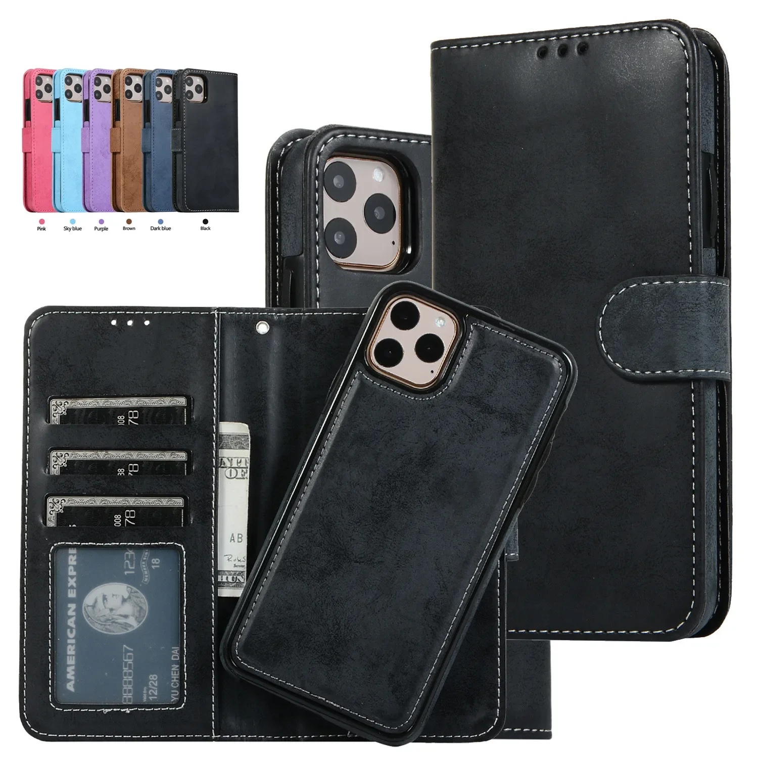 Luxury Leather Removable Flip Wallet Card Case for IPhone 13 14 15 16 Pro Max 12 Mini 11 XS XR X 8 7 Plus SE2022 Phone Bag Cover