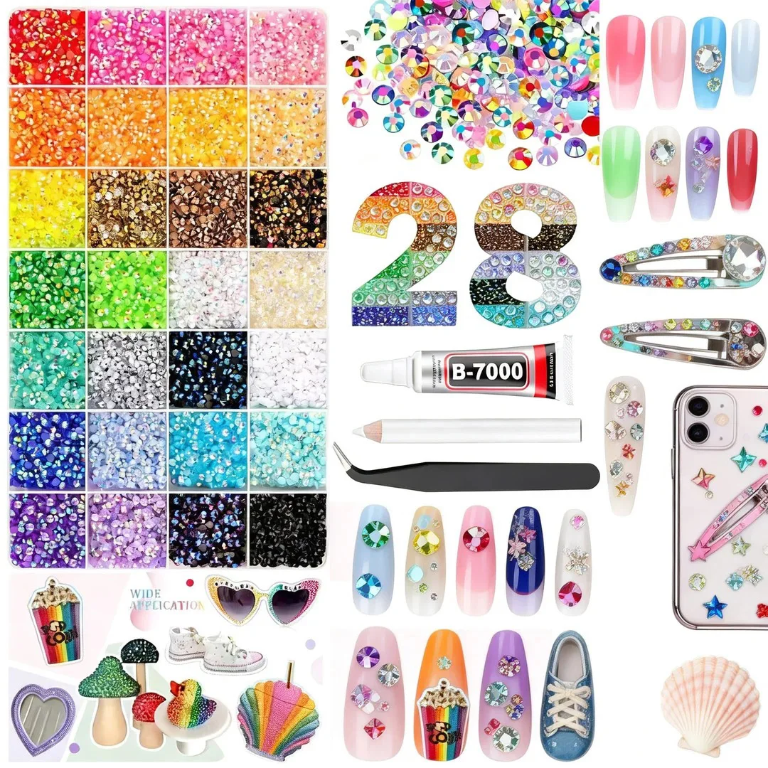 

28Grid Gr Minimalist Shiny Colorful Semi-circular Rhinestones Nail Charms Mini Flatback Resin Nail Diamond DIY Hat Pen Nails Set