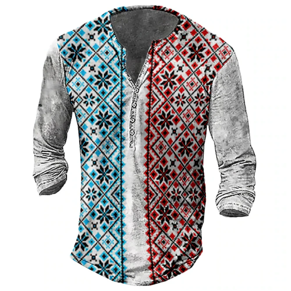 Vintage męska koszulka z długim rękawem Top Street Tees Ethnic Graphic 3d Print T-Shirt Fall Oversized Loose Clothing Button T-shirt