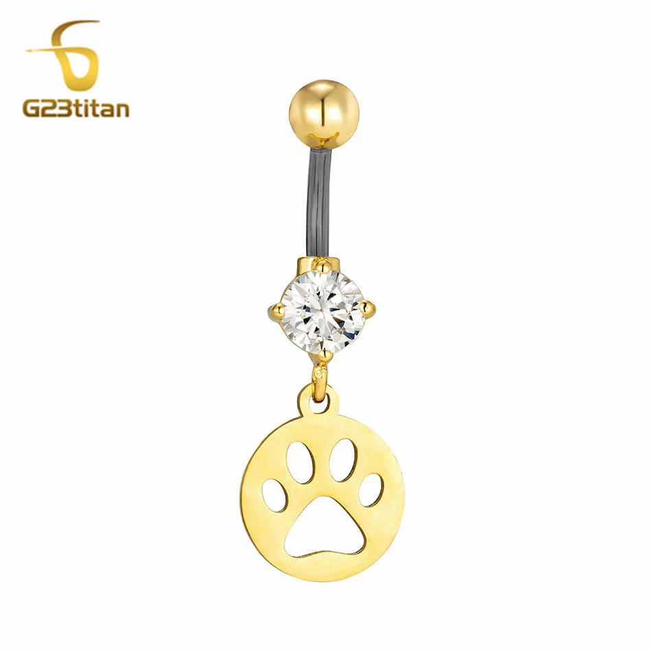 Mignon chat patte forme balancent doré nombril anneaux CZ Zircon 14G G23 titane haltère femmes corps bijoux nombril Piercing Titanio