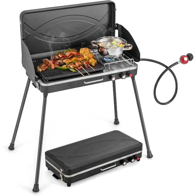 

Giantex 2-in-1 Gas Camping Grill and Stove, Portable Propane Grill Burner with Dual Control Knobs, Detachable Legs