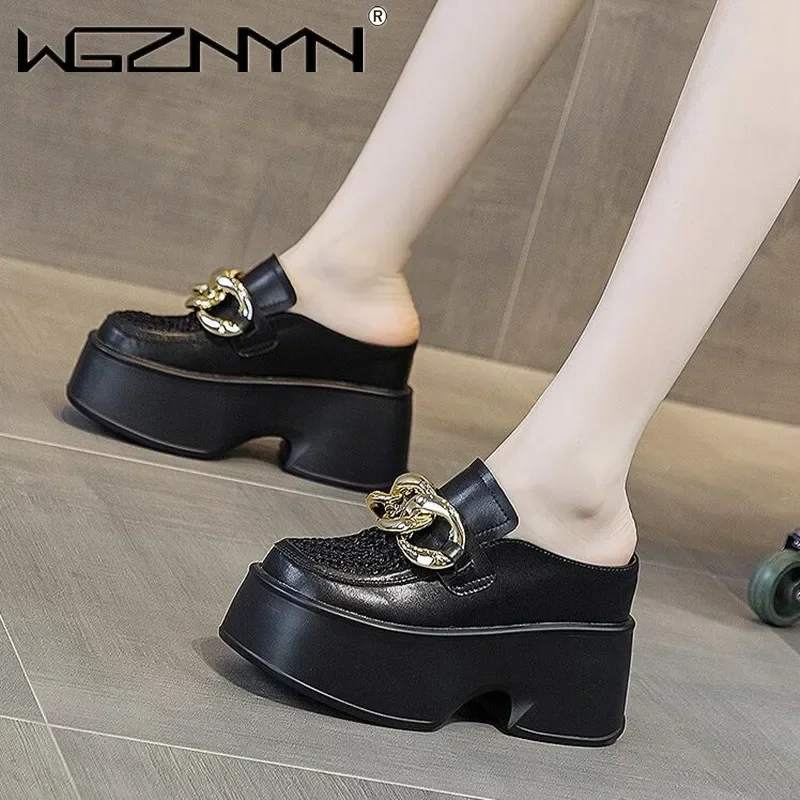 2026 شبشب جلدي حقيقي موضة 11 سنتيمتر الارتفاع زيادة السيدات منصة عادية إسفين النعال النساء الانزلاق على الأحذية النسائية