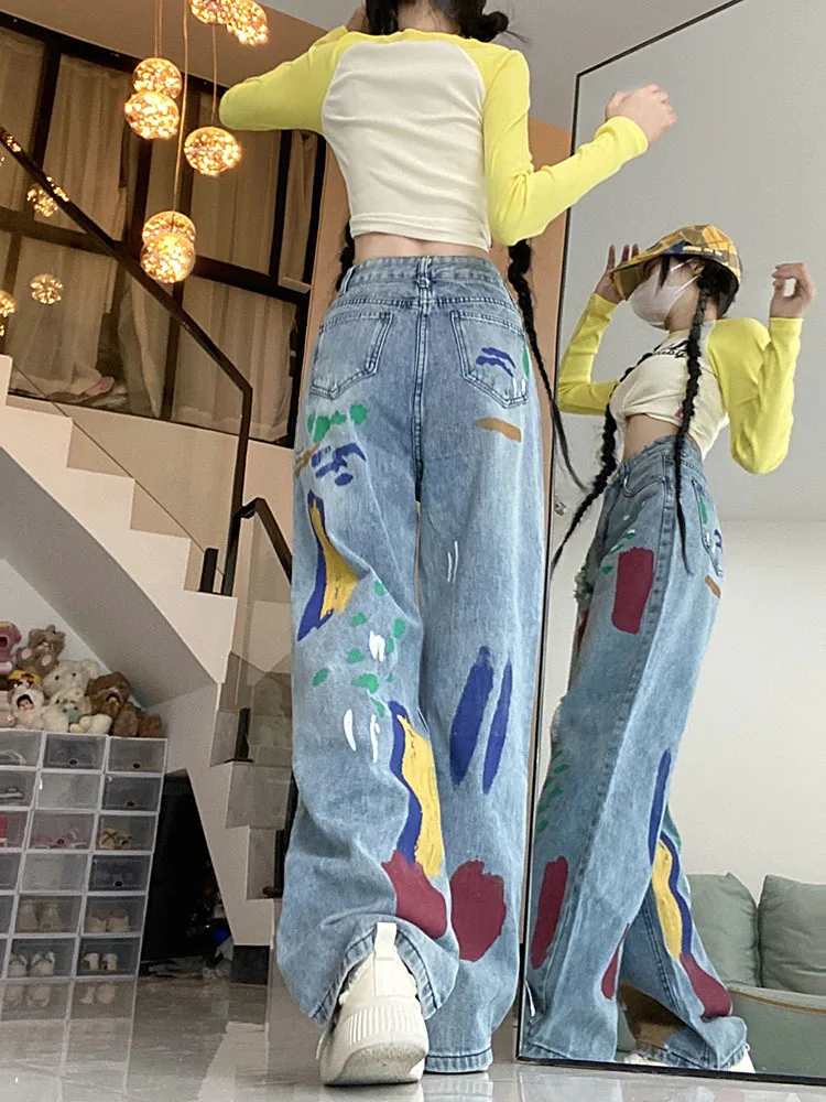 

Baggy Blue Jeans Women Painted Straight Wide Leg Pants High Waist Goth Vintage Streetwear Denim Casual Hippie Trousers