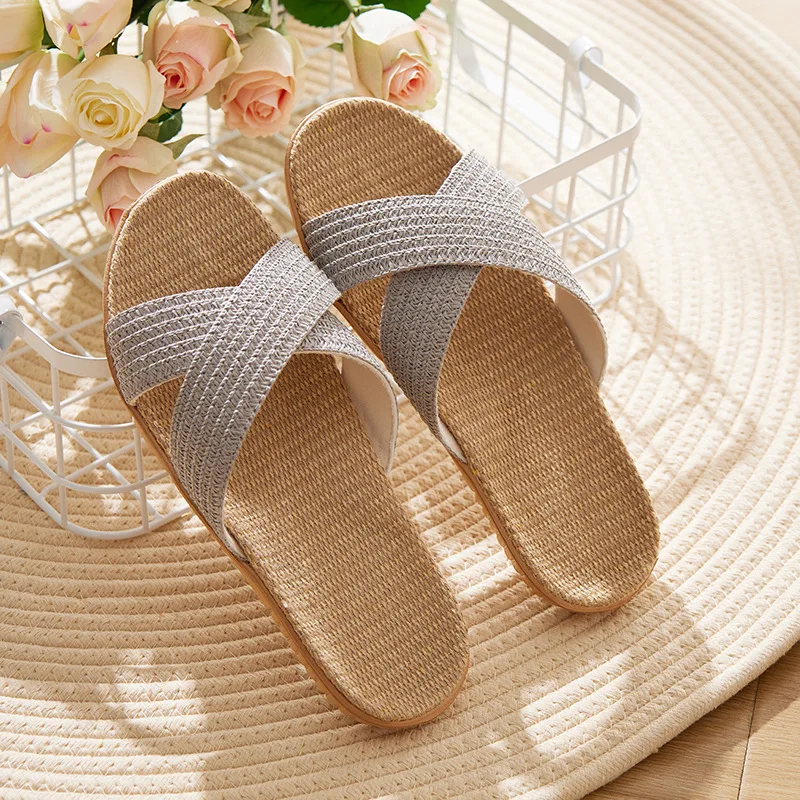 Fashion Cross Straps Slippers Women Summer Linen Flat Sandals Eva Lightweight Comfortable Ladies Flat Flip-flop Slippers Slide