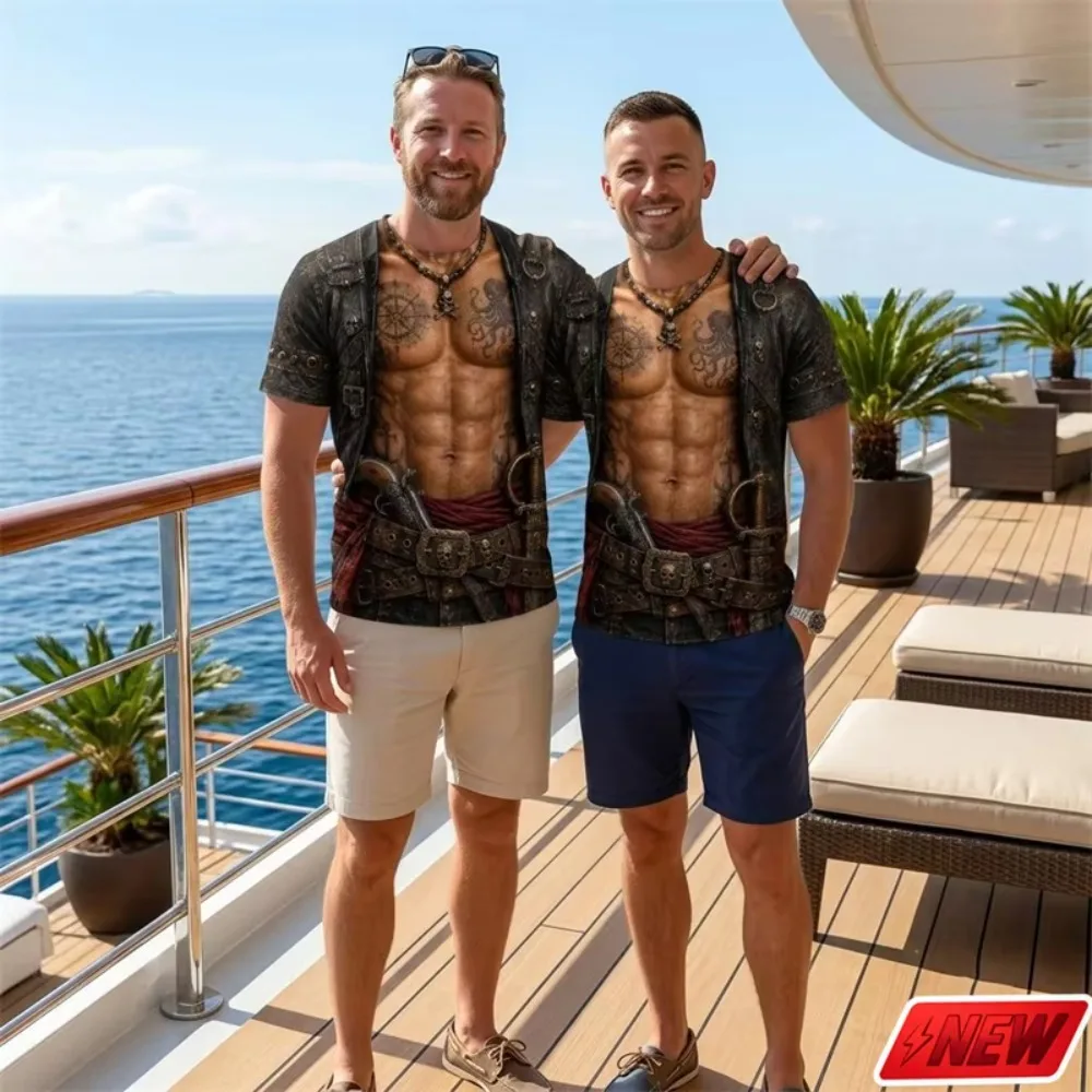 Kreatives, lustiges T-Shirt für Herren – Matrosenuniform, Piratenschädel, Schiff, Anker, 3D-Druck, große Größe, kurzärmelig – Kostüm-Party-Oberteil – Detail 5