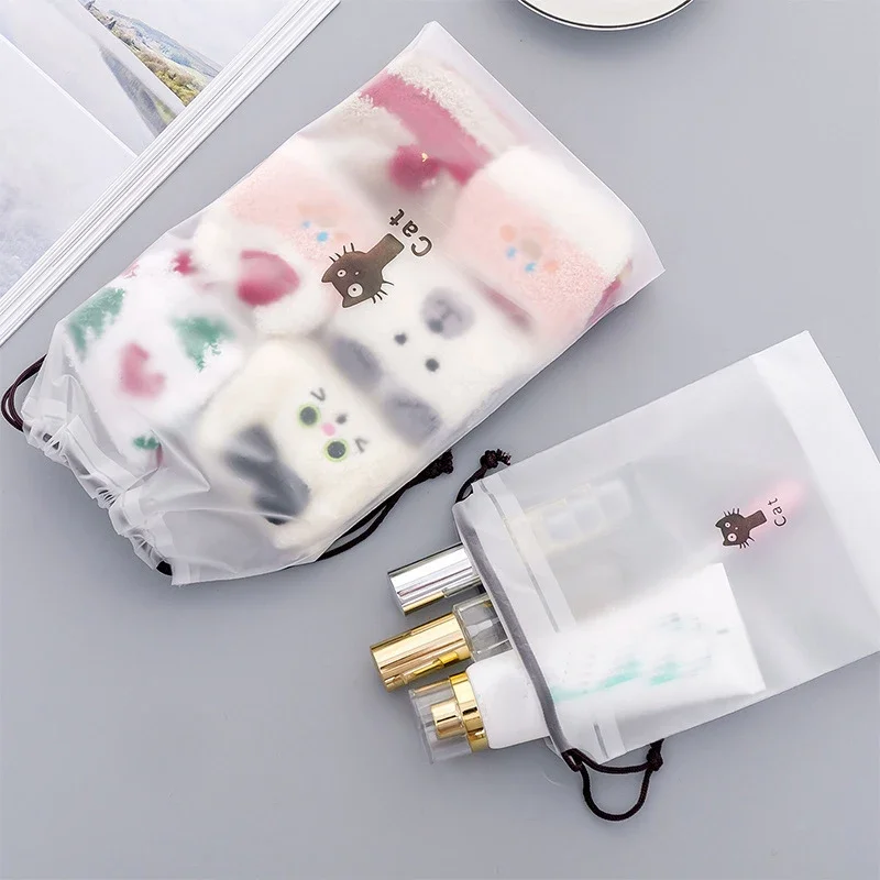 1PC Transparent Drawstring Travel Cosmetic Storage Bag Cute Cartoon Cactus Cat Women Toiletry Organizers Outdoor Make Up Bag