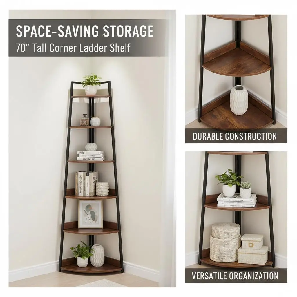 

L-образная витрина-стеллаж 70 дюймов для гостиной, общежития, рабочего места, 5-уровневая многоярусная конструкция, металлический каркас с имитацией дерева, промышленный стиль