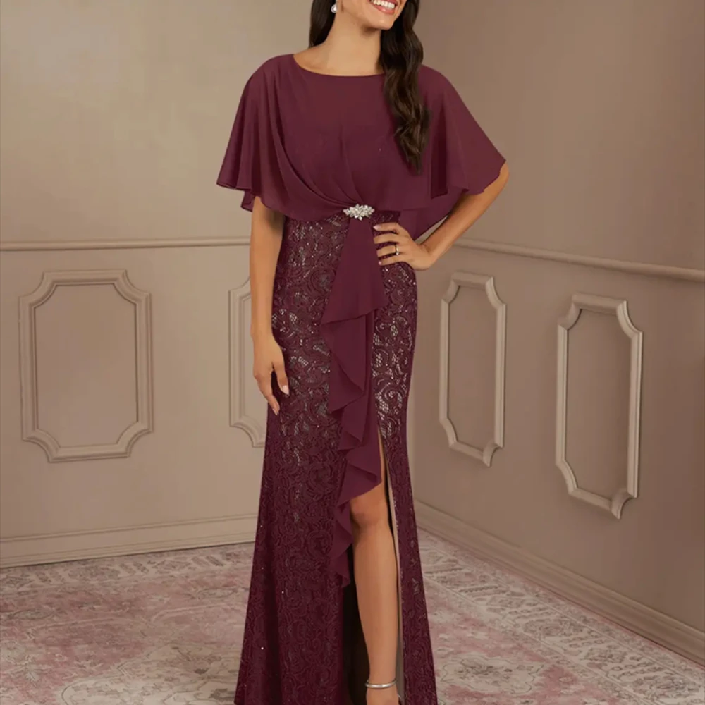 Mother of the Bride Dresses With Chiffon Crew Neck 2024 Appliqués Floor-Length Slits Elegant Ladies Party Gowns With Belt