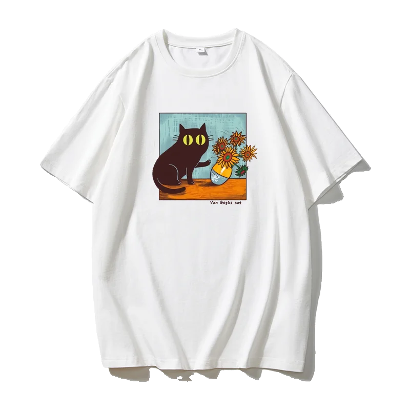 Van Gogh Cat T-shirt - Funny T-shirt Featuring a Cat in a Van Gogh Painting Next to a Sunflower, Comfortable Base Layer Shirt.