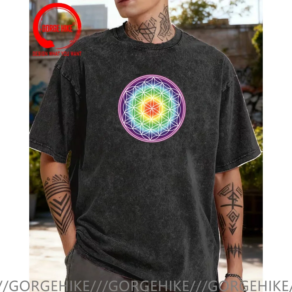 

Vintage Washed Cotton T-Shirt Funny Designer Metatron's Cube Flower T Shirt Men Fashion Trendy Casual Clothing Stylish Tops Tees
