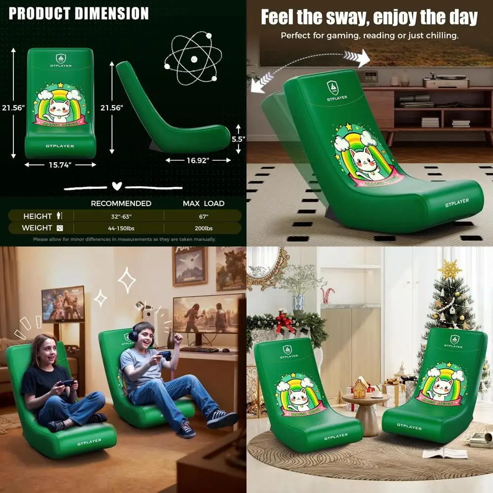 

Компактное легкое игровое кресло с ограничителем наклона, дизайн в зеленых тонах с элементами кошачьего дизайна