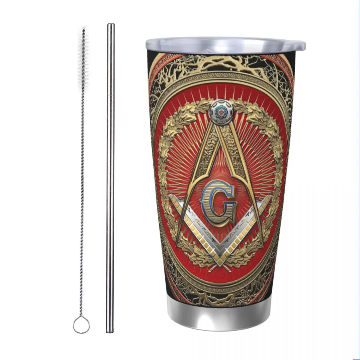 Masonic Symbols Insulated Tumbler with Straws 3rd Degree Mason Silver Jewel Master Vacuum Coffee Mugs Outdoor Thermos Bottle Cup