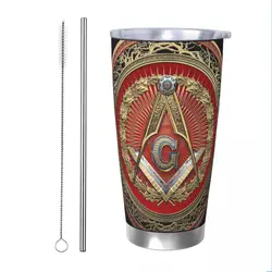 Masonic Symbols Insulated Tumbler with Straws 3rd Degree Mason Silver Jewel Master Vacuum Coffee Mugs Outdoor Thermos Bottle Cup