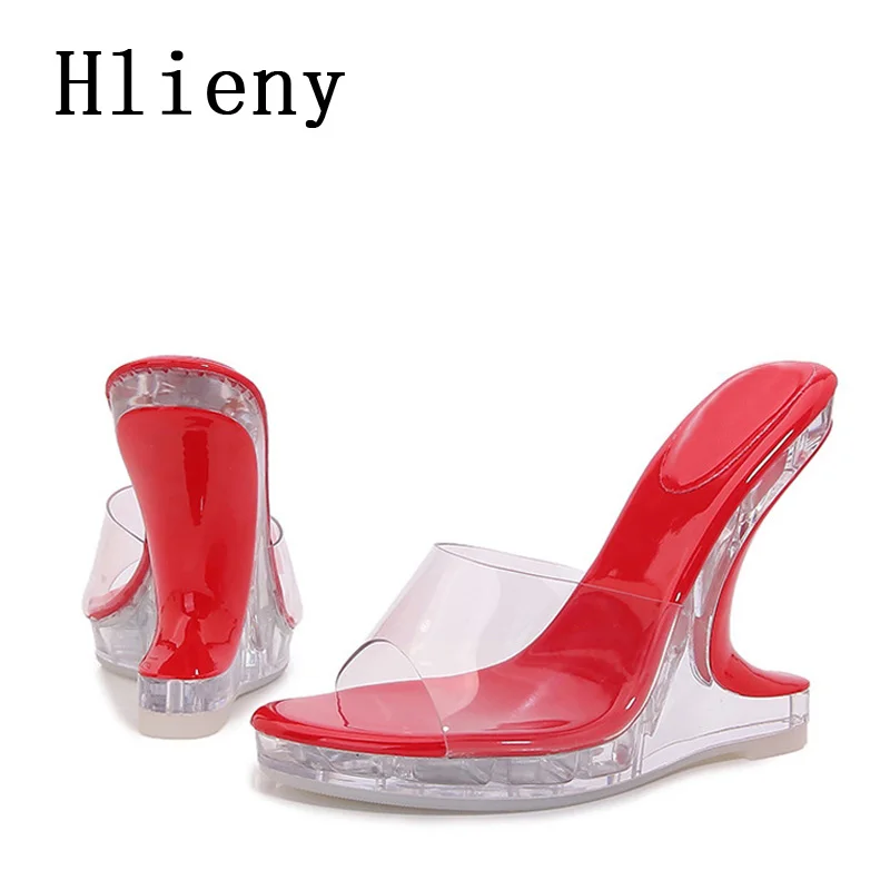 Hlieny New Design dziwne koturny kapcie Peep Toe PVC przezroczyste buty damskie letnie moda pokazuje wysokie obcasy sandały na platformie