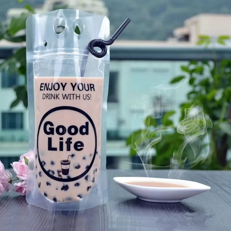 

50PCS Portable 400m~500ml Clear Plastic Drinking Packaging Bag DIY Beverage Juice Coffee Bag Good Life Summer Beverage Pouches