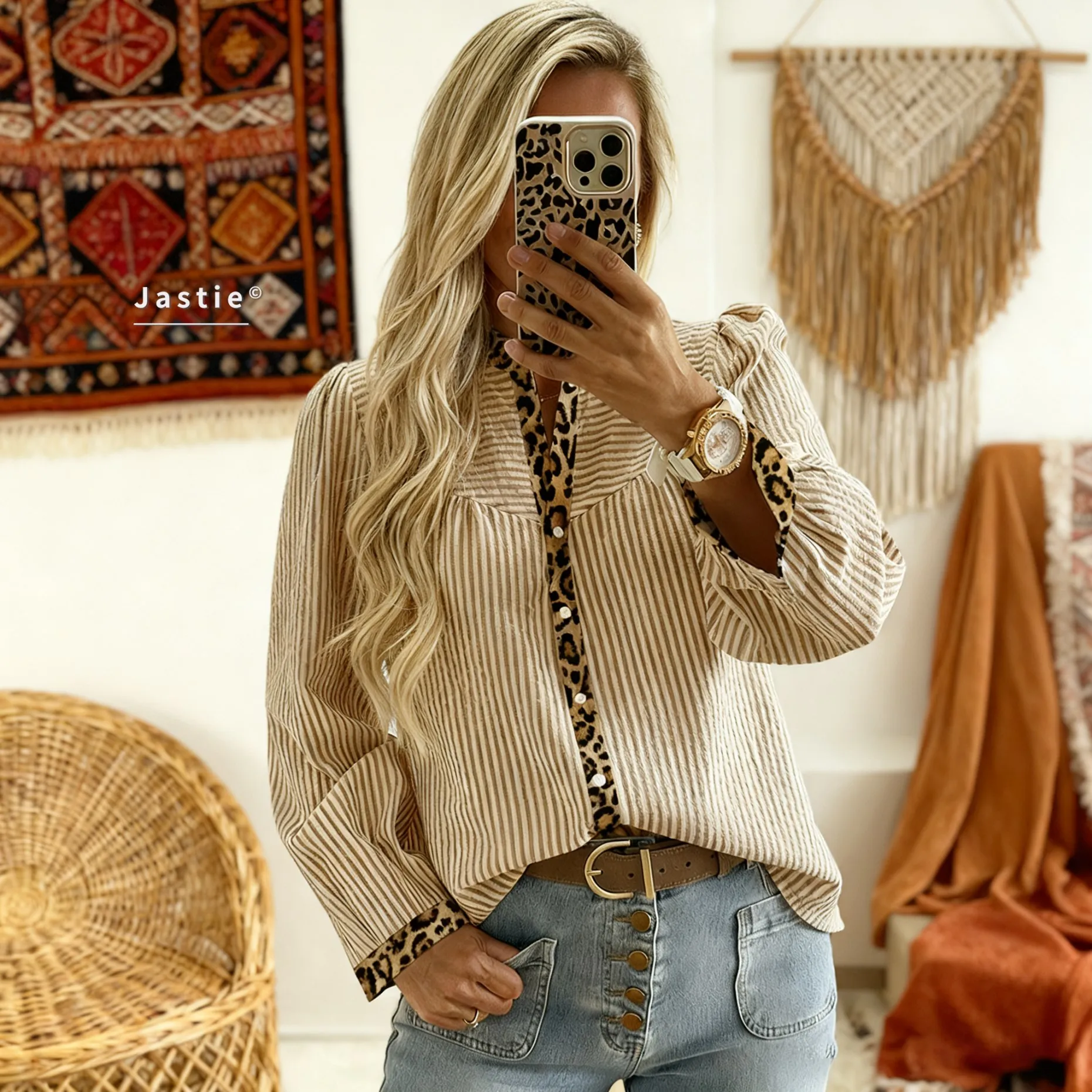 

Women's Beige Striped Blouse Puff Long Sleeve Leopard Print Trim Button Stand Collar Casual Boho Shirt For Daily/ Holiday Tops