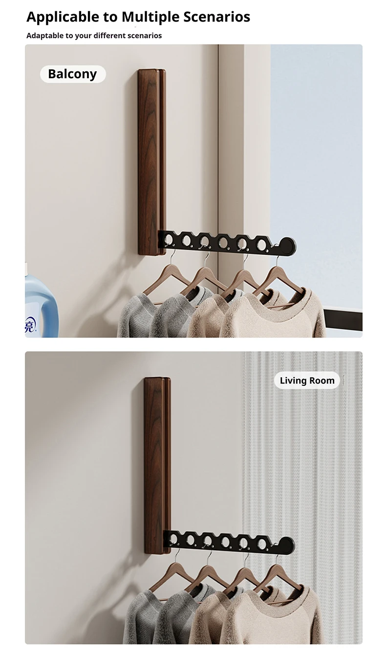 Kleiderbügel aus Holz zur Wandmontage, faltbares Design und unsichtbarer Kleiderorganisator für effiziente Platzsparung – Detail 12