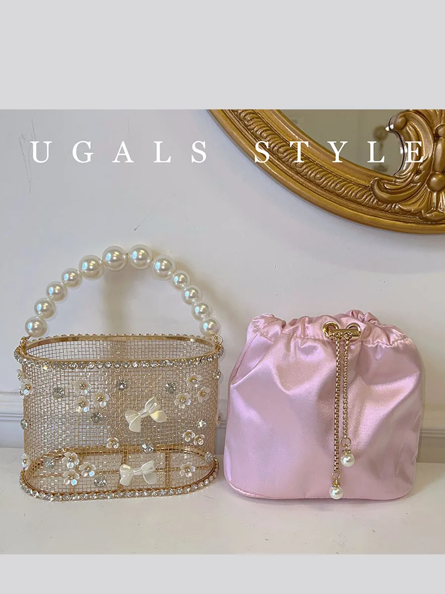 UGALS Metal  Knot Pearl Bucket Handbag Diamond Encrusted Silk Crossbody Bag Elegant Lady Summer Party Clutch Bag