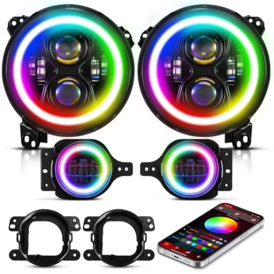 

Светодиодные фары RGB 9 дюймов с противотуманными фарами 4 дюйма, управление через Bluetooth-приложение, одобренные DOT фары и противотуманные фонари с ДХО и поворотниками для