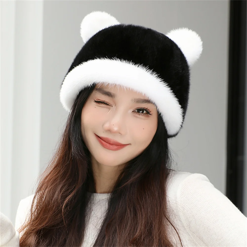 

New Fur Hats For Women Luxury Designer Brand Fur Mink Hat Plush Thickened Cute Russian Bomber Hat Ear Potection With Ears Cap