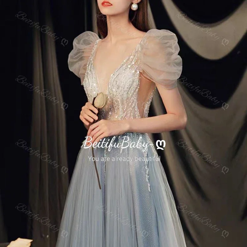 فستان سهرة للنساء على شكل حرف v فقاعة بأكمام قصيرة على شكل حرف a تنورة الأورجانزا فساتين الحفلات النسائية Vestidos Elegantes