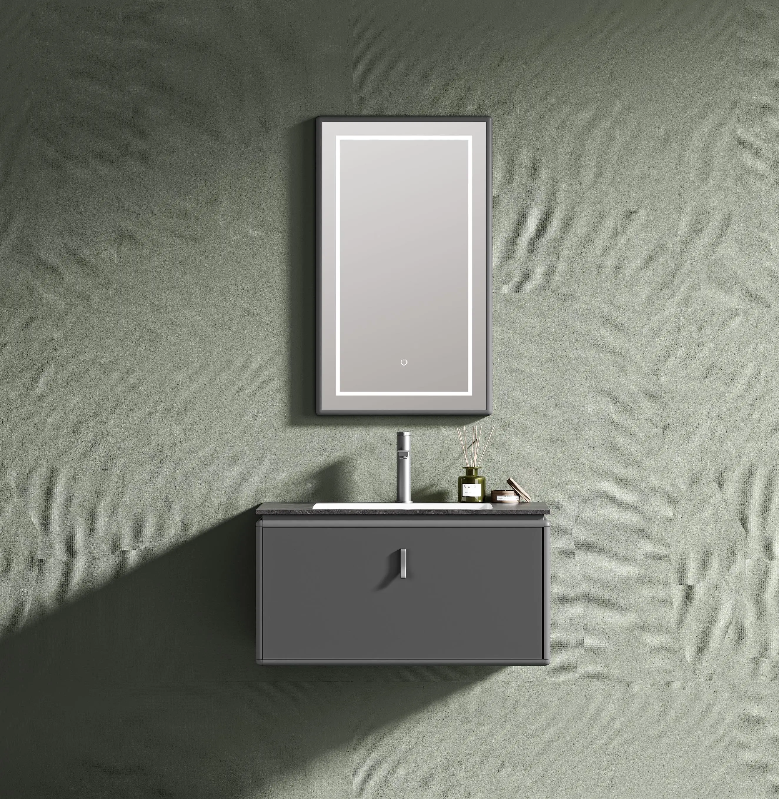 

Modern Square Bath Wall Mounted Solid Wood Cabinet With Smart Mirror Vanity Ceramic Sink Hotels Painted Frame Structure