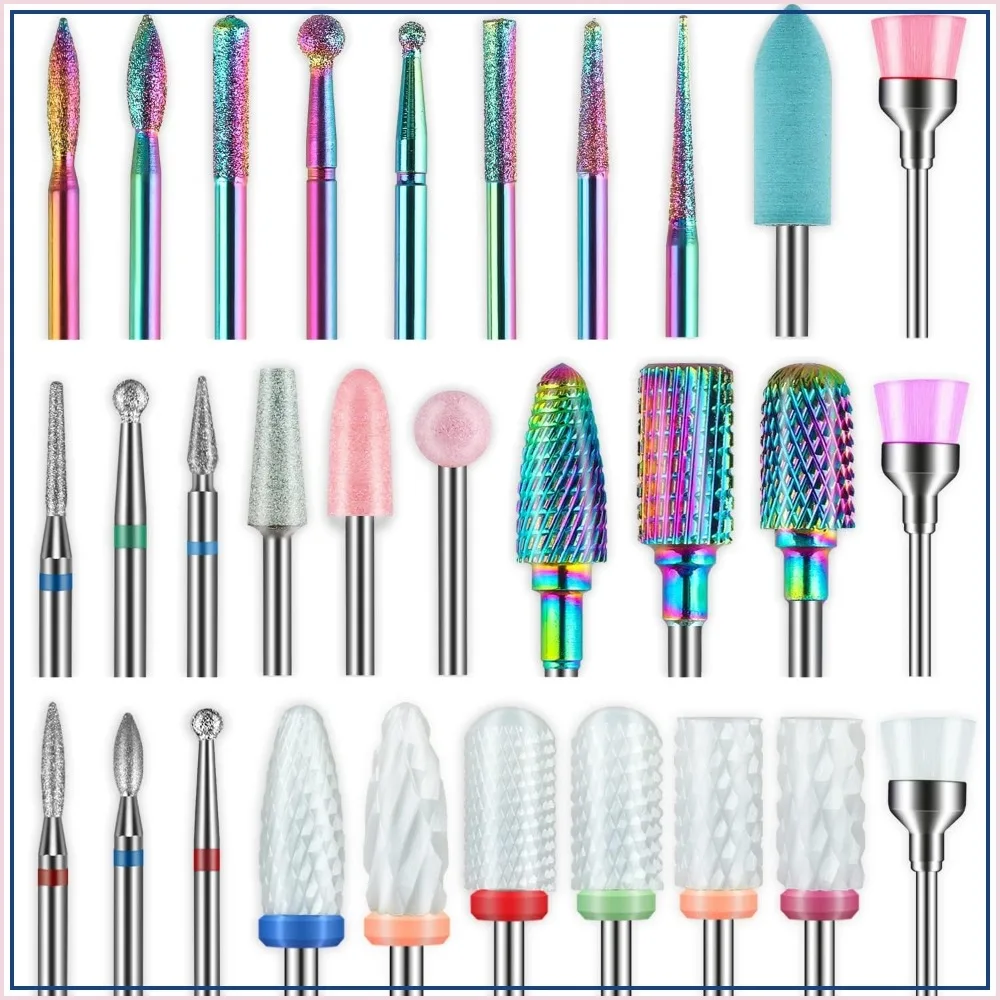 

30Pcs Nail Drill Bits Set: 3/32 Inch Carbide Cuticle Ceramic Bits for Acrylic Gel Nail Manicure Pedicure Remover Tools