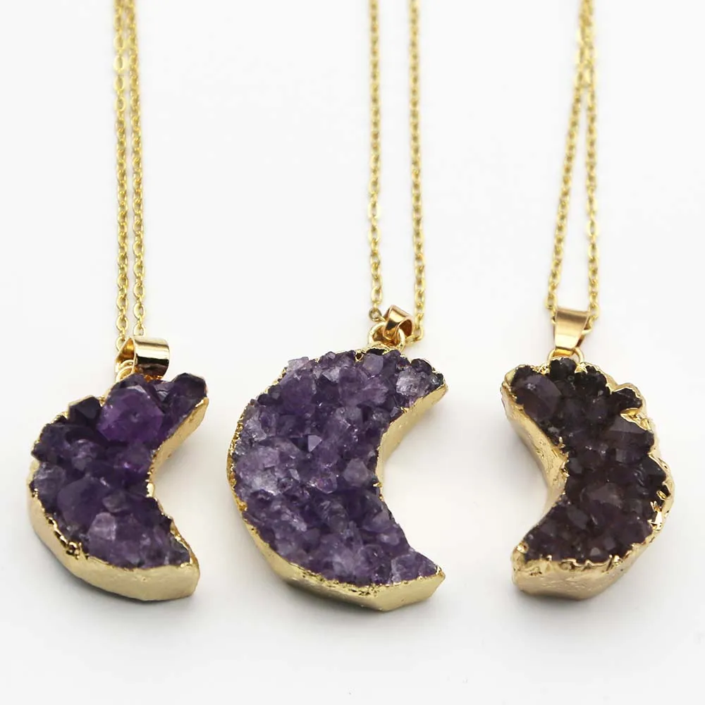 

High Quality Natural Raw Stone Amethyst Moon Shape Pendant Necklace Cluster Druzy Healing Crystal Creative DIY Fashion Gift 4Pcs